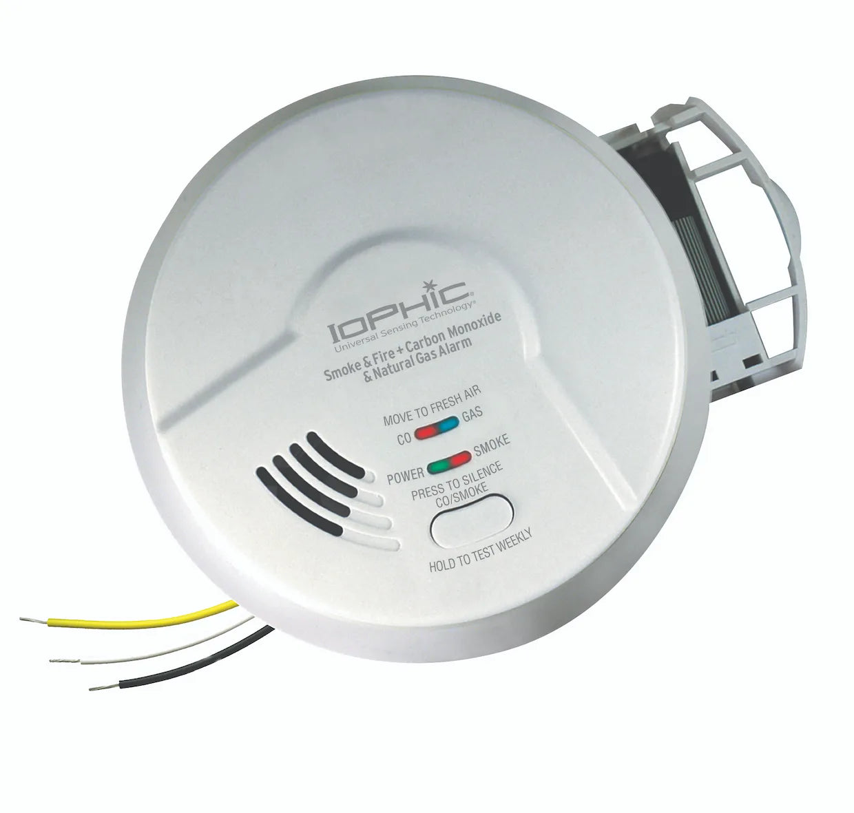 *Out of Stock* The 4-in-1 smoke alarm detects smoke, fire, CO, and natural gas.