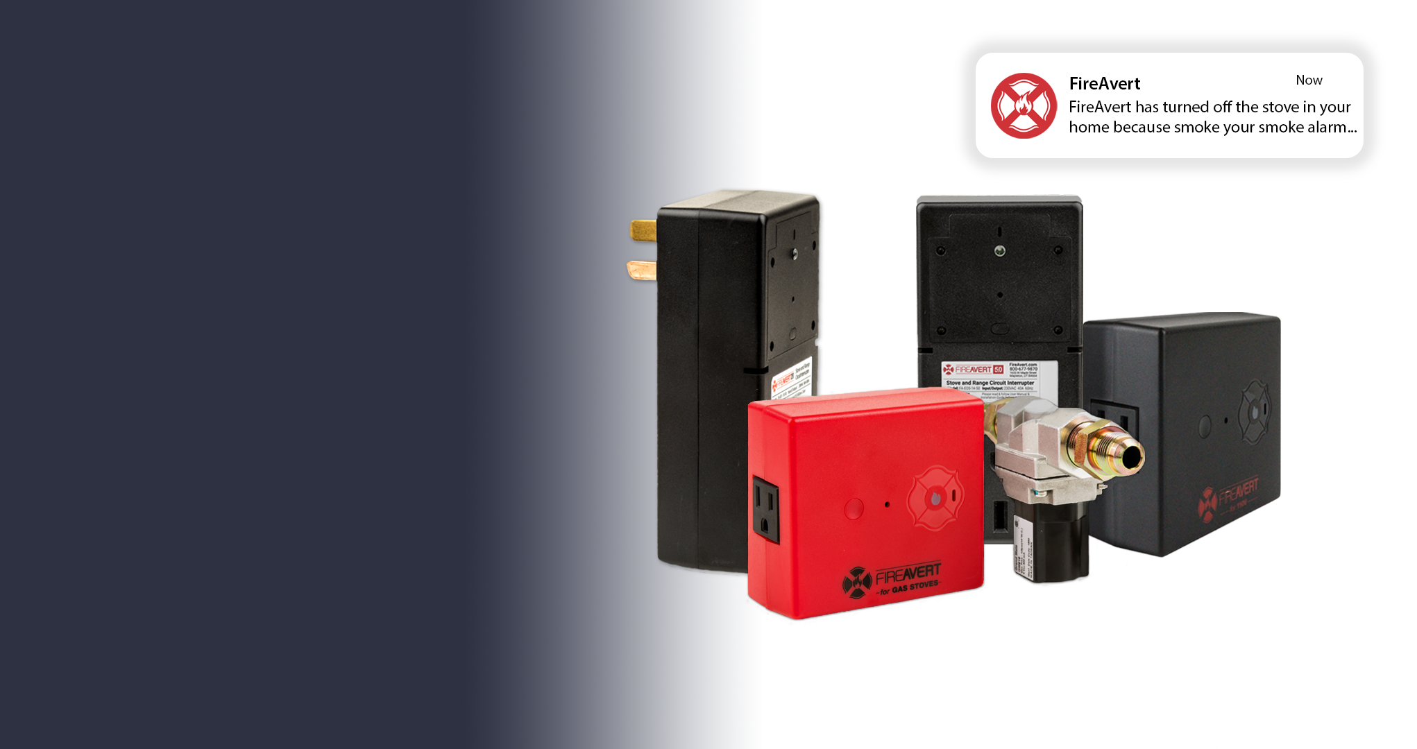 FireAvert Auto Stove Shutoff Devices with a text notification for a stove shutoff fire prevented.
