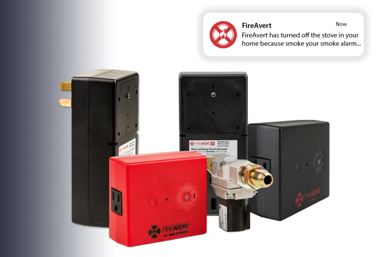 FireAvert Devices with a text notification for a stove shutoff fire prevented.